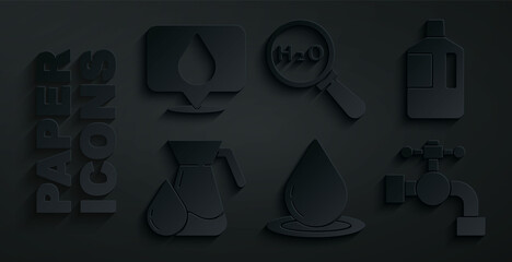 Set Water drop, Big bottle with clean water, Jug glass, tap, Chemical formula for H2O and location icon. Vector