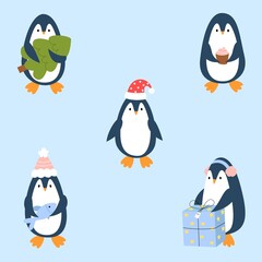 Set cute penguins with winter, christmas and new year elements. Funny animals for card, poster, brochure, page, banner. Vector illustration in cartoon style.