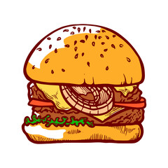 Appetizing tasty burger with bun, meal and cheese vector engraved hot snack American fast food