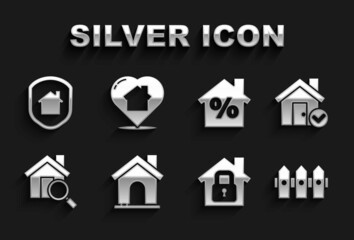 Set House, with check mark, Garden fence wooden, under protection, Search house, percant discount, and heart shape icon. Vector