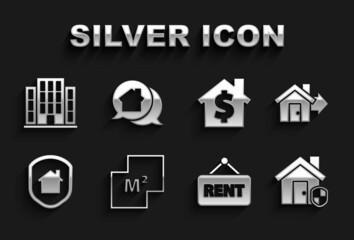Set House plan, Sale house, under protection, Hanging sign with Rent, dollar symbol, and Real estate message icon. Vector