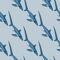 Thresher shark seamless pattern in scandinavian style. Marine animals background. Vector illustration for children funny textile.