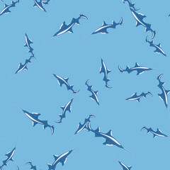 Saw shark seamless pattern in scandinavian style. Marine animals background. Vector illustration for children funny textile.