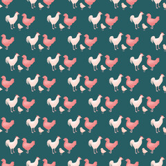 Seamless pattern of chicken family. Domestic animals on colorful background. Vector illustration for textile.