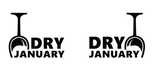 Dry january, that is an annual alcohol free month after the new year holiday. No alcohol during this . Stop drinking or alcohols drink. Vector wine bottle and glass.  - obrazy, fototapety, plakaty