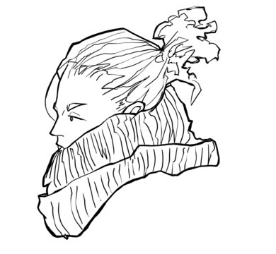 Linear Drawing Of A Girl In A Scarf In Profile. Flat Minimalistic Simplified Image. Black And White Graphic Art Sketch. Disheveled Hair Tied In A Bun. Drawing For Design Fashionable Woman 