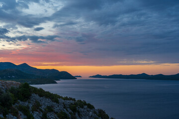 Fototapeta na wymiar Beautiful view in sunset over Adriatic sea with dramatic sky, Croatia, Europe