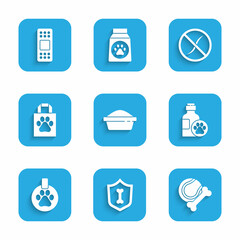 Set Pet food bowl, Animal health insurance, toys bone rubber and ball, shampoo, Collar with name tag, Shopping bag pet, Anti worms parasite and Bandage plaster icon. Vector