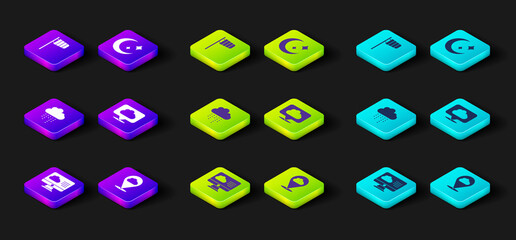 Set Weather forecast, Location cloud, Cloud with rain, Moon and stars and Cone windsock wind vane icon. Vector