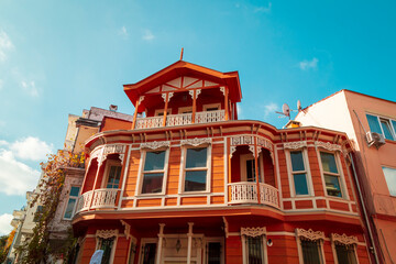 Fototapeta na wymiar Colorful Houses in old city Arnavutkoy. Arnavutkoy is popular touristic destination in Istanbul