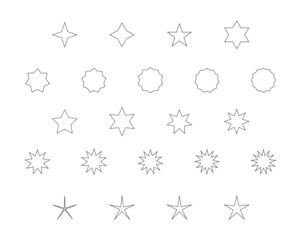 Thin outline black star shapes on a white background. Star icons. Star symbols. Vector stock illustration