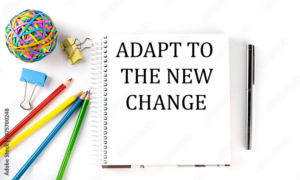 Poster notebook ,pencils,pen and rubber band with text adapt to the new change on the white background