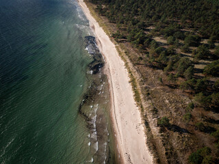 Coastal panorama at Lyckesand beach with ocean on the island of Oland in the east of Sweden from above.