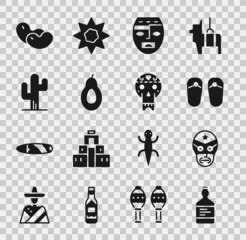 Set Tequila bottle, Mexican wrestler, Flip flops, Aztec mask, Avocado, Cactus, Beans and skull icon. Vector
