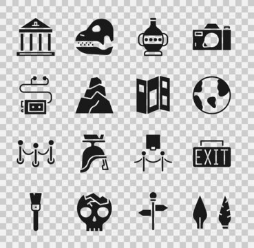 Set Stone age arrow head, Exit sign, Earth globe, Ancient amphorae, Rock stones, Museum audio guide, building and brochure icon. Vector