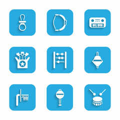 Set Abacus, Rattle baby toy, Drum with drum sticks, Whirligig, Basketball backboard, Jack in the box, Toy piano and Baby dummy pacifier icon. Vector