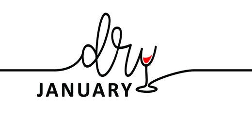 No alcohol during in janyari. Slogan dry january. Alcohol free month. Stop drinking or alcohols. Vector wine glass icon. Line pattern. - obrazy, fototapety, plakaty