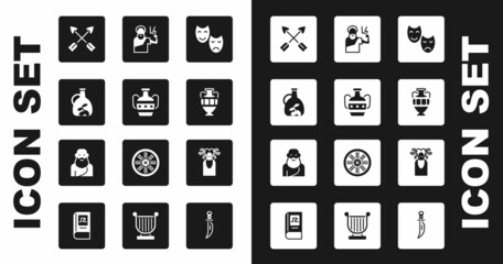 Set Comedy and tragedy masks, Ancient amphorae, Bottle of olive oil, Crossed arrows, Zeus, Medusa Gorgon and Socrates icon. Vector