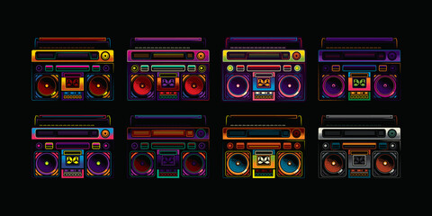 An original vector collection in a vintage style. Retro portable stereo cassette recorder in different colors. - obrazy, fototapety, plakaty