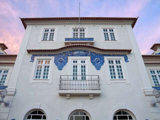 Building of the railway station of Aveiro with historic tiles or Azulejos in north Portugal