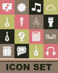 Set Headphones, Home stereo, Drum, Music note, tone, Microphone, Banjo, Musical and Triangle icon. Vector