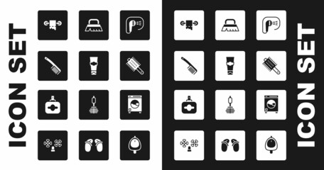 Set Shower, Tube of toothpaste, Hairbrush, Toilet paper roll, Brush for cleaning, Washer and Perfume icon. Vector