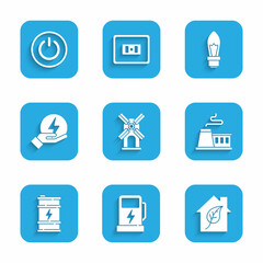 Set Wind turbine, Electric car charging station, Eco friendly house, Factory, Bio fuel barrel, Lightning bolt, bulb and Power button icon. Vector