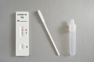Rapid antigen test kit with positive result during swab COVID 19 testing. Covid 19 alpha, beta, gamma, delta, lambda, mu, omicron variants outbreak around the world.
