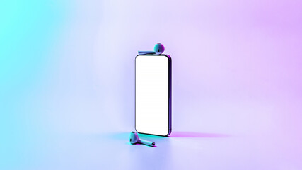 Mockup device. Mobile smart phone technology blank screen. Mock up audio headphones equipment on neon gradient background. Game design, smartphone application presentation or portfolio mockups.