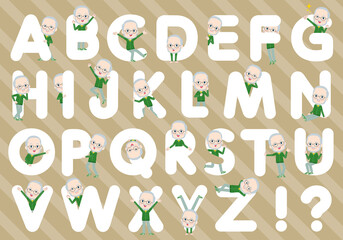アルファベットと合わせてデザインされた緑ジャージ白人高齢男性のセット