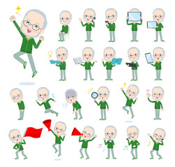 スマートフォンなどのデジタル機器を持つ緑ジャージ白人高齢男性のセット