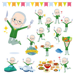 Fototapeta na wymiar 食のイベントに関する緑ジャージ白人高齢男性のセット