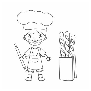 recommend clip art: Coloring page of cartoon chef with baguette and rolling pin. Little chef or scullion in an apron and chef's hat. Profession. Coloring book for children.