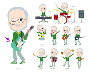 ロックンロールやポップミュージックを演奏する緑ジャージ白人高齢男性のセット