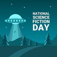 Vector illustration, Human abduction by UFO in a valley, as a banner or poster for World UFO Day or National Science Fiction Day. © Arif_Vector