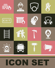 Set Megaphone, Location with fire flame, Gas mask, Fire in burning garage, exit, buildings and Firefighter icon. Vector
