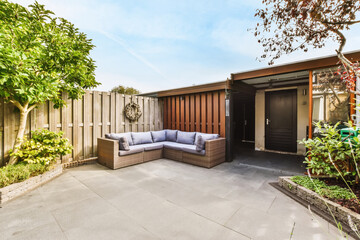 Amazing courtyard design with wicker sofas and lots of greenery