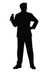 Talk show man with microphone in hand silhouette vector, entertainment or comedy actor on stage.
