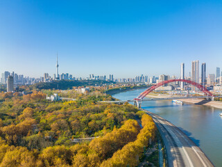 Fototapeta premium Autumn scenery of Wuhan Hanyang River Beach and Nan'anzui Park
