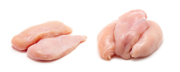 Raw chicken breast fillets on a white background.
