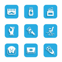 Set Electrical hair clipper, Blade razor, blade, Barbershop chair, Mustache and beard, Medical rubber gloves, Cream cosmetic jar and Hairbrush icon. Vector