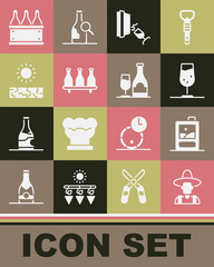 Set Farmer in the hat, Cardboard box of wine, Wine glass, tasting, degustation, Bottle, Drought, Bottles and bottle with icon. Vector