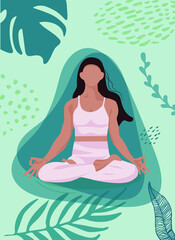 Young woman meditating. Floral tropic elements on the background. Faceless flat illustration for posters, websites, apps. 
