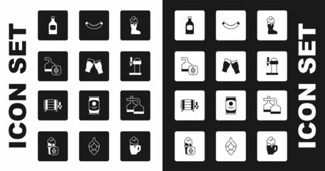 Set Boot beer glass, Glass of, Beer brewing process, bottle, Dispenser, Sausage, and Wooden barrel icon. Vector