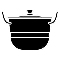 A closed saucepan with a lid for cooking outside on an open fire. Tableware for camping, travel, tourism. Vector icon, glyph, isolated