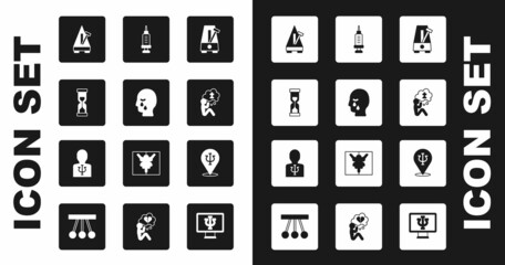 Set Metronome with pendulum, Man graves funeral sorrow, Old hourglass, Addiction to the drug, Psychology, Psi and icon. Vector