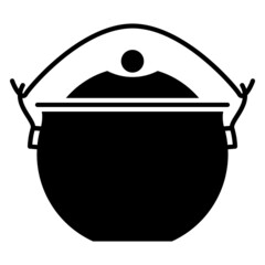 A camping pot, a pot for eating outside with a bow for hanging, a closed lid, a semicircular bottom. The cooking pot is outside. Vector icon, glyph, isolated