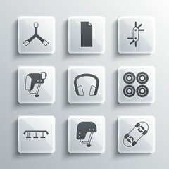 Set Skateboard helmet, wheel, Headphones, stairs with rail, Y-tool and Tool allen keys icon. Vector