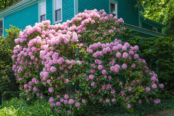 Fototapeta na wymiar A huge bush of pink rhododendrons near the wall of a green house