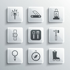 Set Compass, Waterproof rubber boot, Hammer, Fork and spoon, Magnifying glass, Wrist watch, Torch flame and Camping lantern icon. Vector